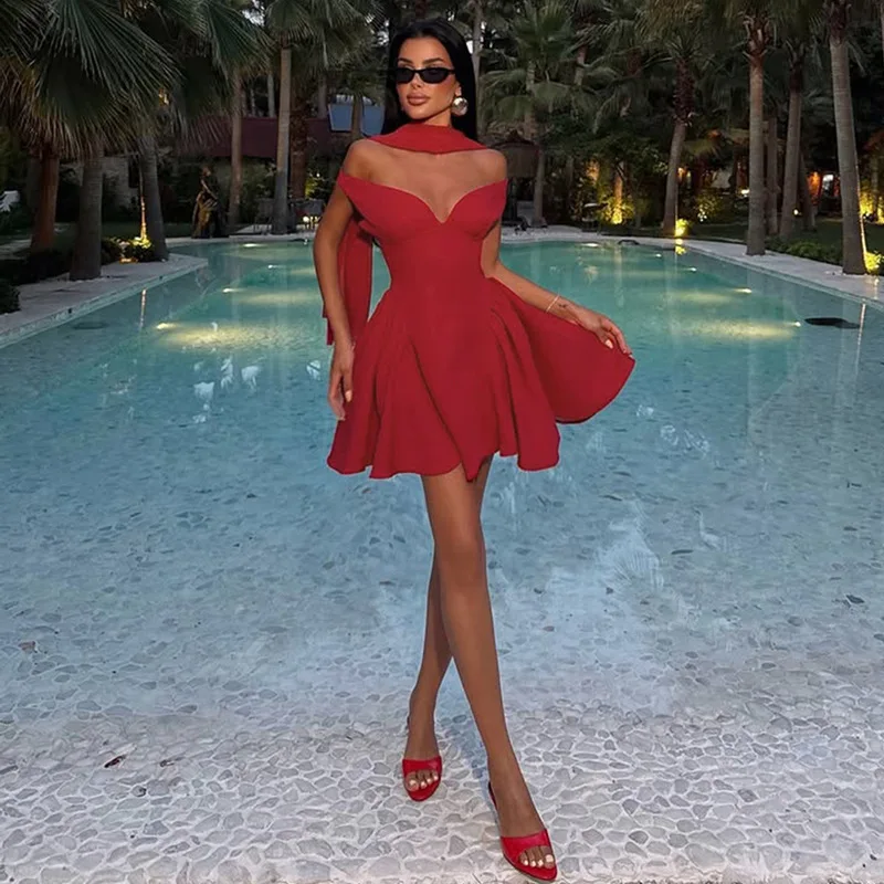 Robe bouffante courte et Sexy pour femmes, Style Ins européen et américain, couleur unie, col en v, avec Streamer, nouvelle collection automne 2025