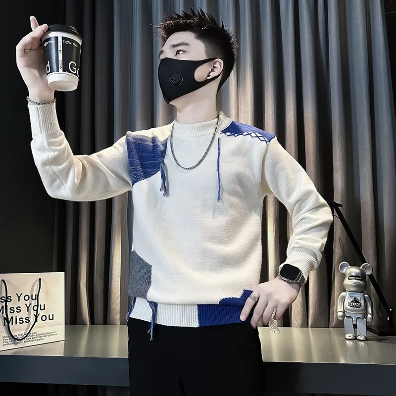 

Мужской вязаный свитер Slim Fit размера XS, повседневный, осенне-зимний, с цветными блоками, длинными рукавами, круглым вырезом, молодежный трикотаж