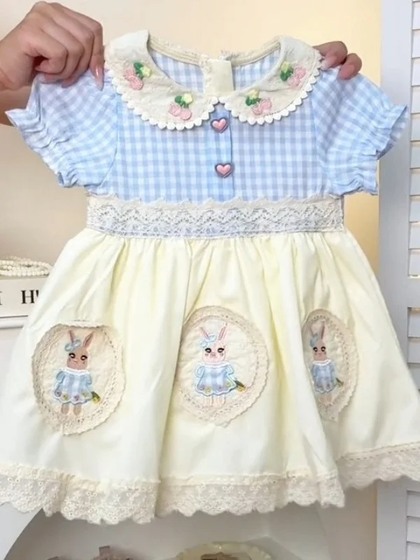 Vestido Estilo Princesa Fofo para Meninas Verão 2026 Novo Doce e Encantador Vestido Lolita com Gola de Boneca e Manga Bufante...