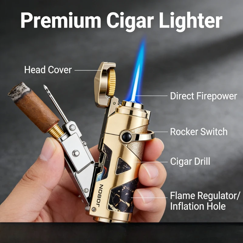 

Premium 3-in-1 Cigar Lighter with Metal Rocker Switch Windproof Blue Flame Foldable Multifunctional Smoking Accessory