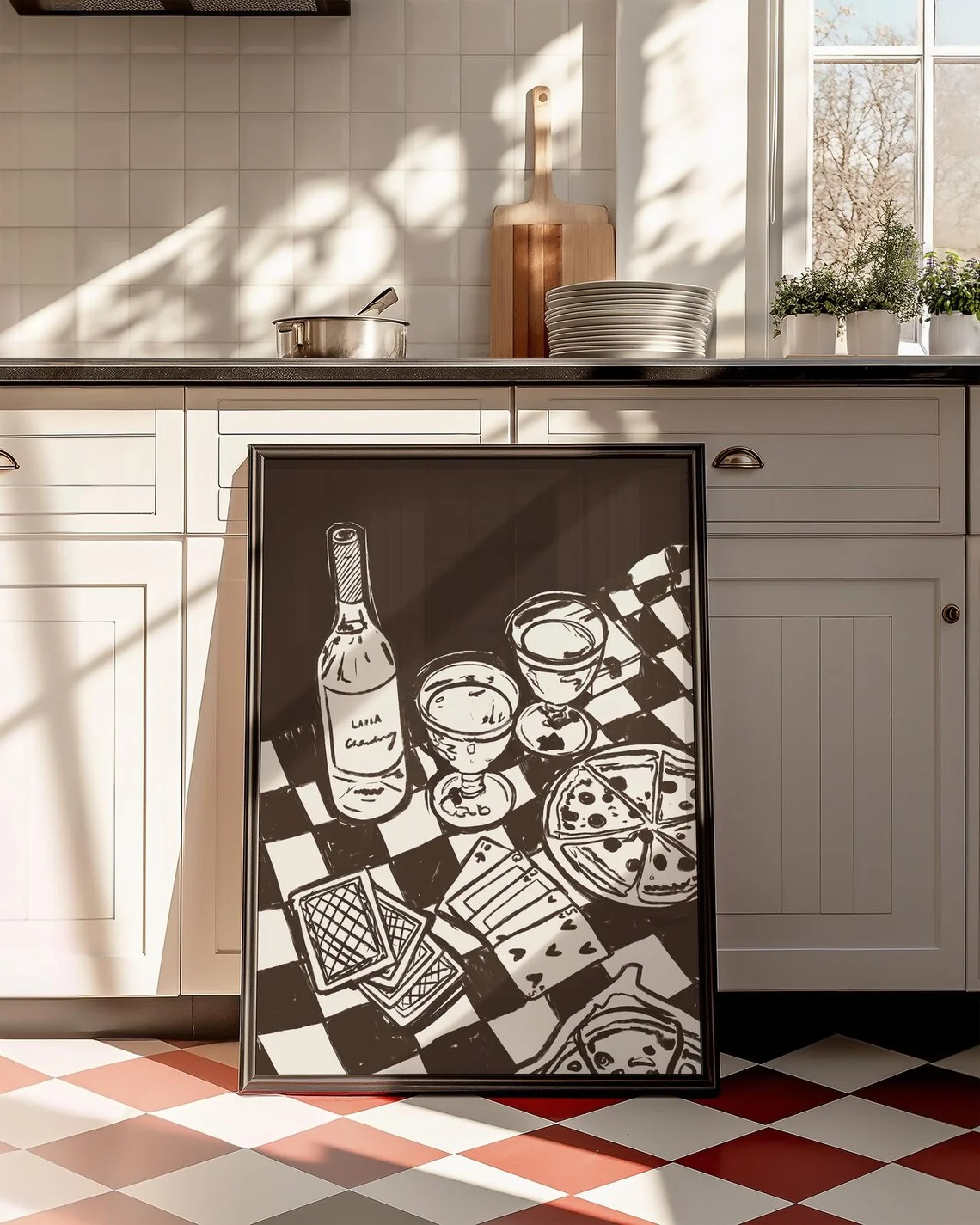 Relaxed Wine & Pizza Night Wall Art - Whimsical Print Celebrating Casual Evenings with Friends. The High-Contrast Brown & White