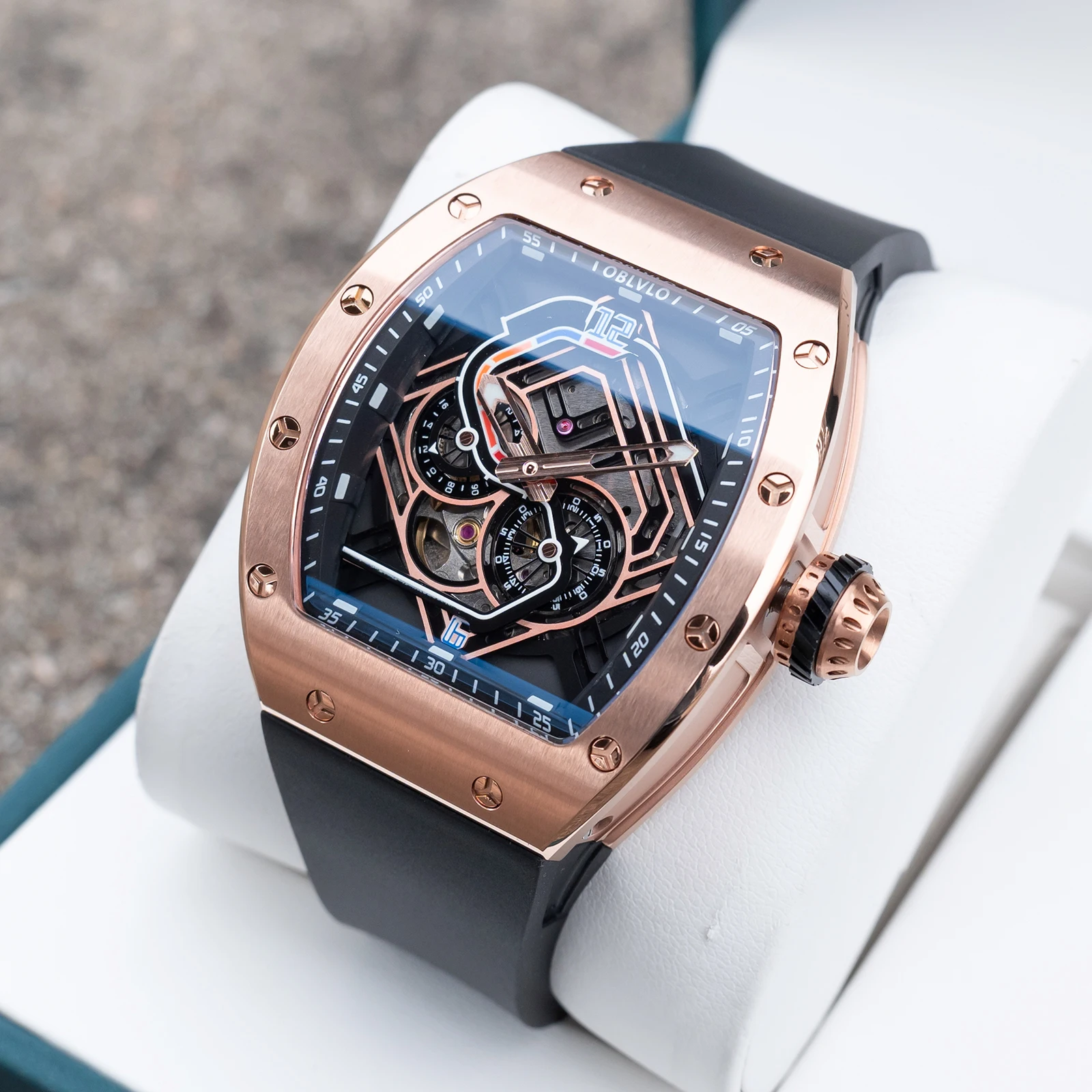 OBLVLO Men Automatic Watch 43mm Mechanical Tonneau Case Wristwatch Skeleton Racing Dial 50M Waterproof Luminous Miyota 82S7