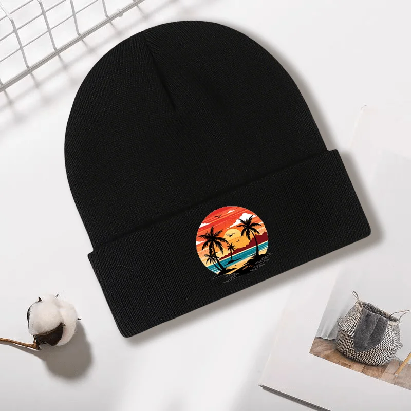

Модная зимняя теплая вязаная шапка унисекс с гавайским принтом заката, универсальная модная морозостойкая вязаная шапка