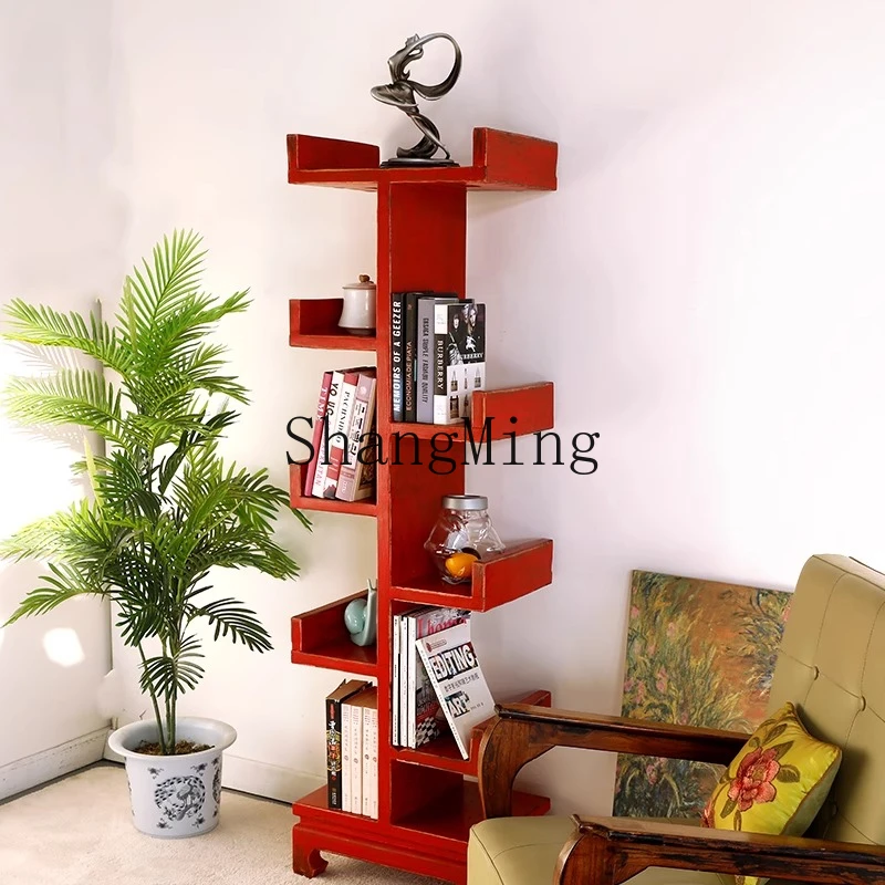 

SM all solid wood tree-shaped floor creative bookshelf home retro old new Chinese shelf