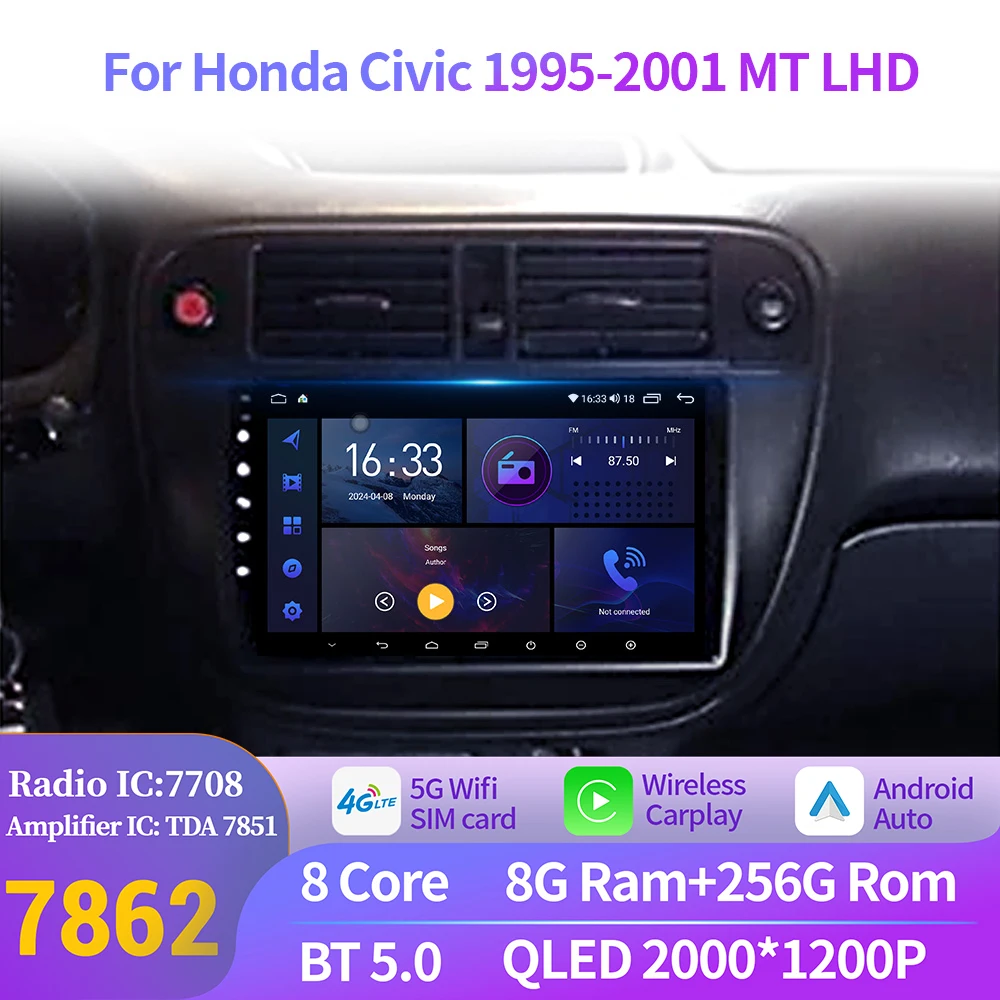 Para Honda Civic 1995-2001 MT LHD Radio de coche navegación Multimedia GPS inalámbrico Android 14 BT CarPlay Touch 2K QLED pantalla estéreo
