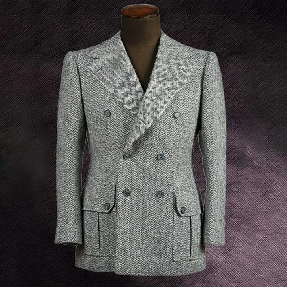 تخصيص تويد الرجال الدعاوى السترة أنيقة مزدوجة الصدر الذروة التلبيب نحيل 2 قطعة سترة السراويل مجموعات كاملة عالية الجودة السترة