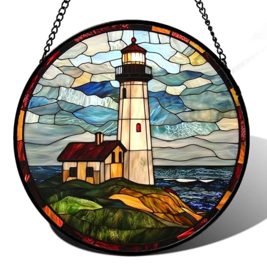 

Stained Glass Window Hanging, Ocean Lighthouse Sun Catchers Glass Panel Green Suncatcher Decor for Birthday for Women, Men, Wif