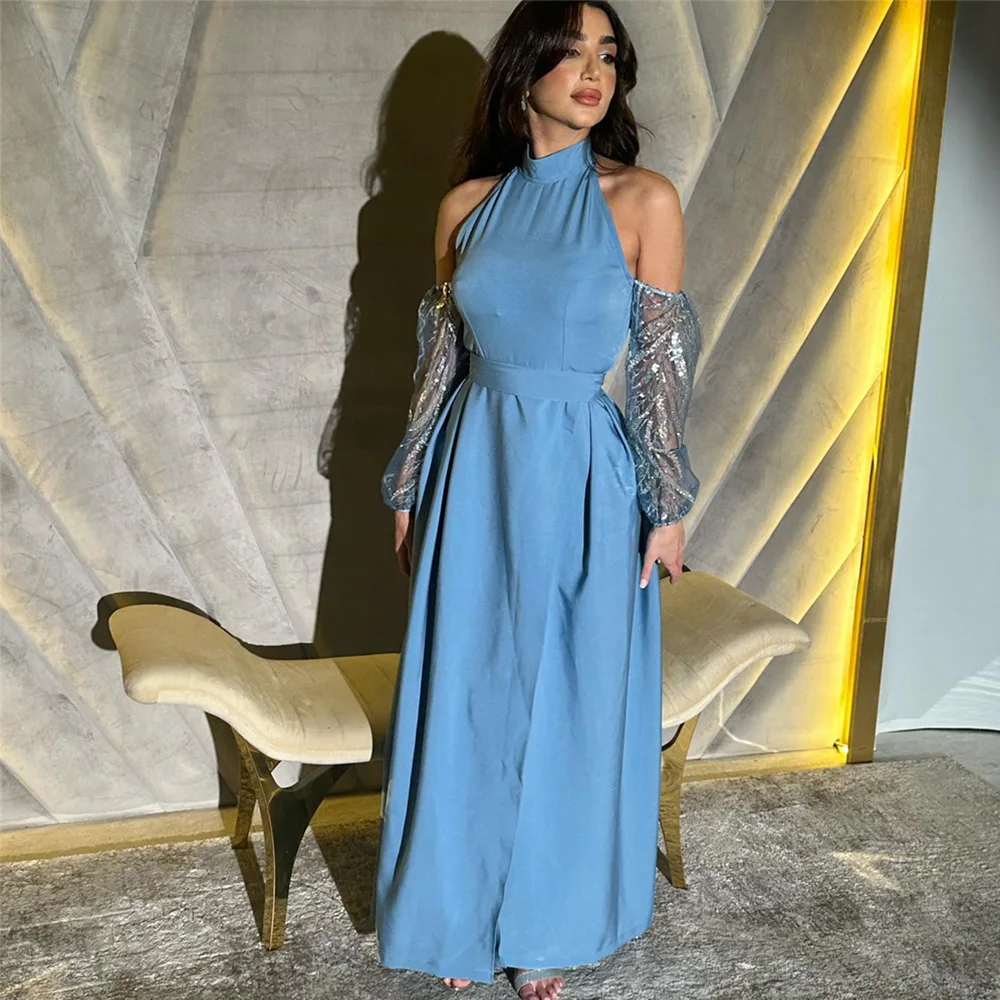 

High A-line Backless Evening Party Dresses for Women Long Sleeve Illusion Prom Gown Ankle-Length فساتين السهرة 2023 جديده