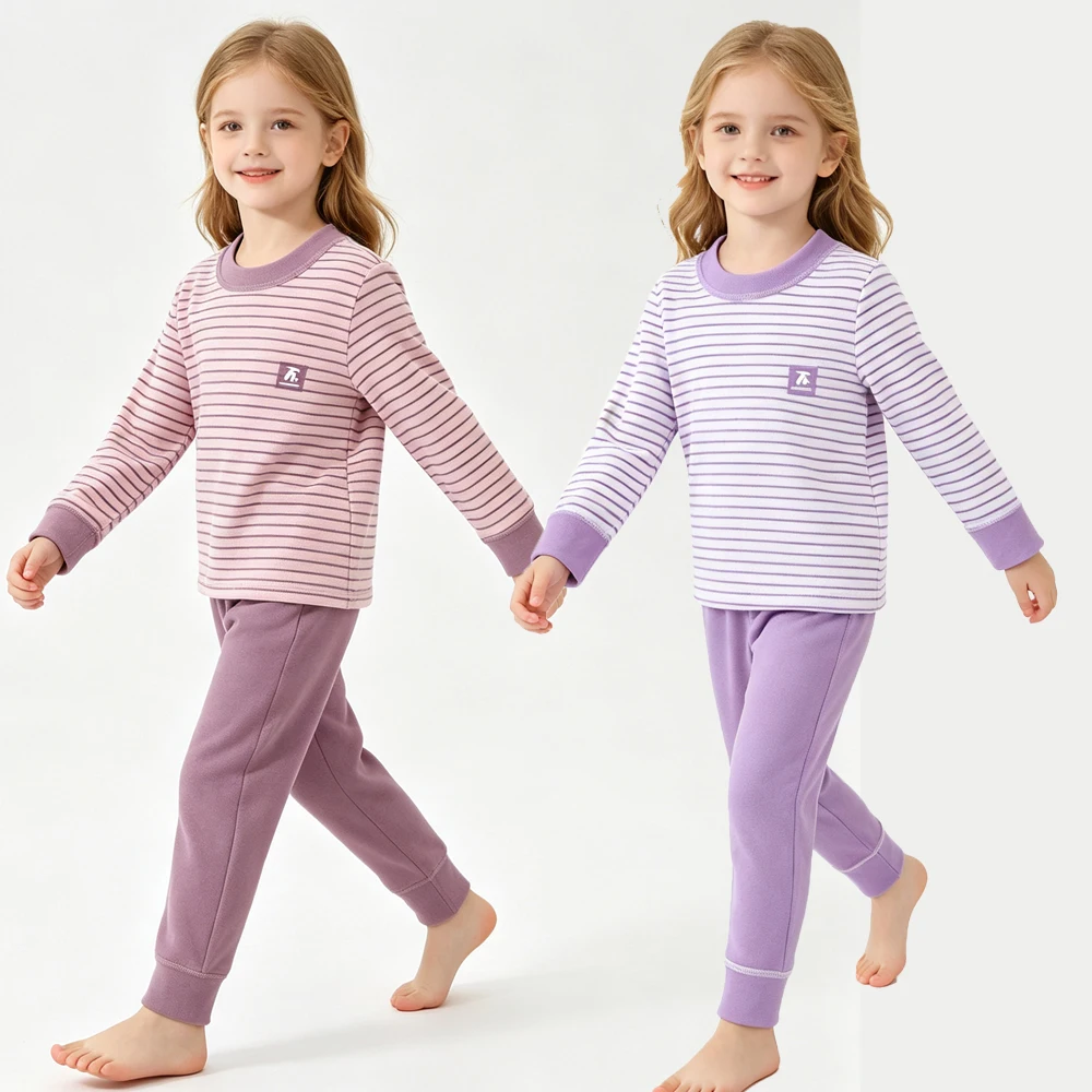 2 to 16 Years Girls Pajamas Sets Pink Purple Striped Winter Fleece Kids Sleepwear Soft Warm Long Sleeve Teenage Boys Pyjamas Set