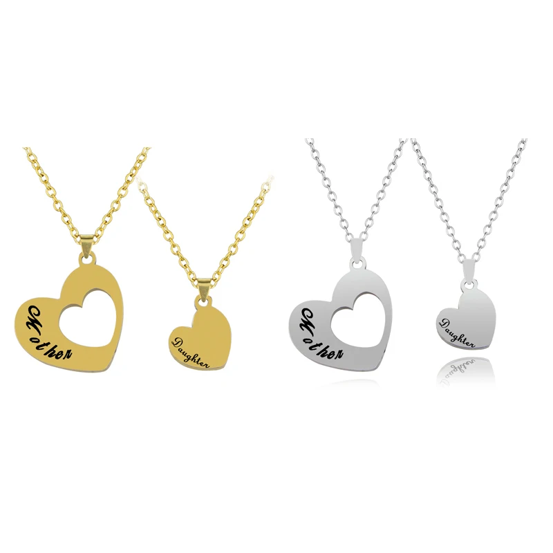 2pcs/Set Mother Daughter Heart Necklace Stainless Steel Splicing Engraved Letter Love Necklaces For Women Girls Mom Jewelry Gift