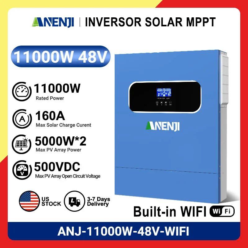 

ANENJI 220V 11KW 48V off grid/grid connected inverter pure sine inverter, built-in 160A MPPT solar charger dual output