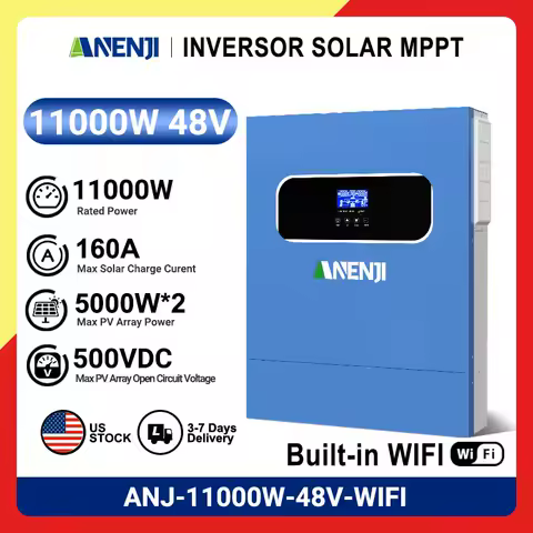 ANENJI 220V 11KW 48V off grid/grid connected inverter pure sine inverter, built-in 160A MPPT solar charger dual output