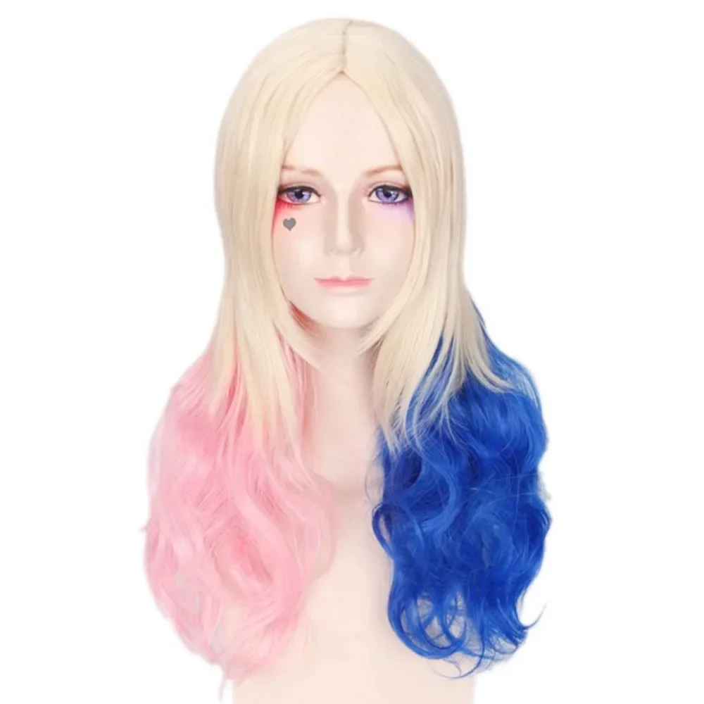 Peluca de Cosplay de Harley, pelos de Quinn Squad, pelucas de Anime rosa y azul, pelo mezclado, accesorios, uniformes, gorra para Halloween