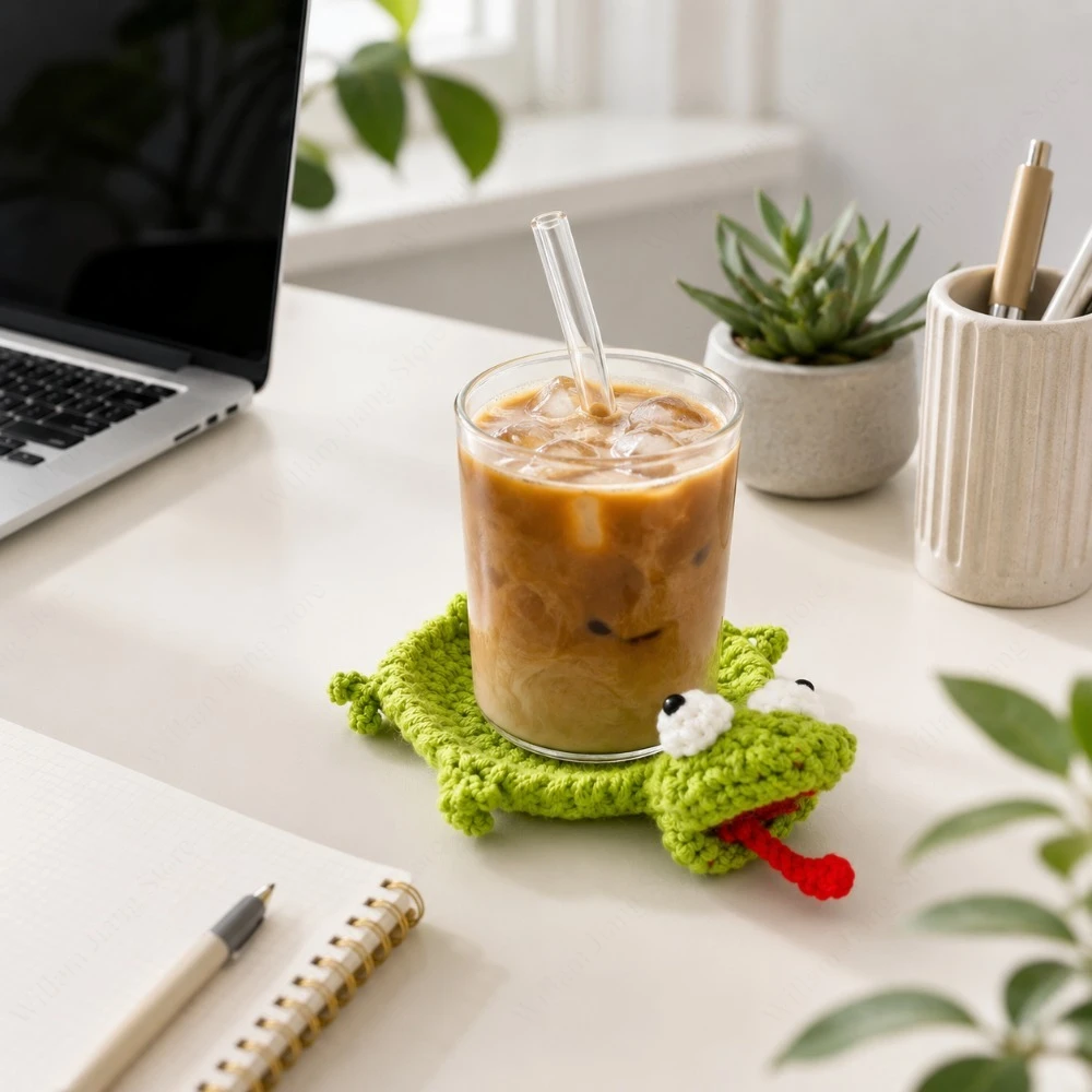 Handmade Crochet Animal Cup Coaster Lizard Frog Finished Mug Tea Coffee Cup Mat Creative Desk Decor Home Table Ornament Gift
