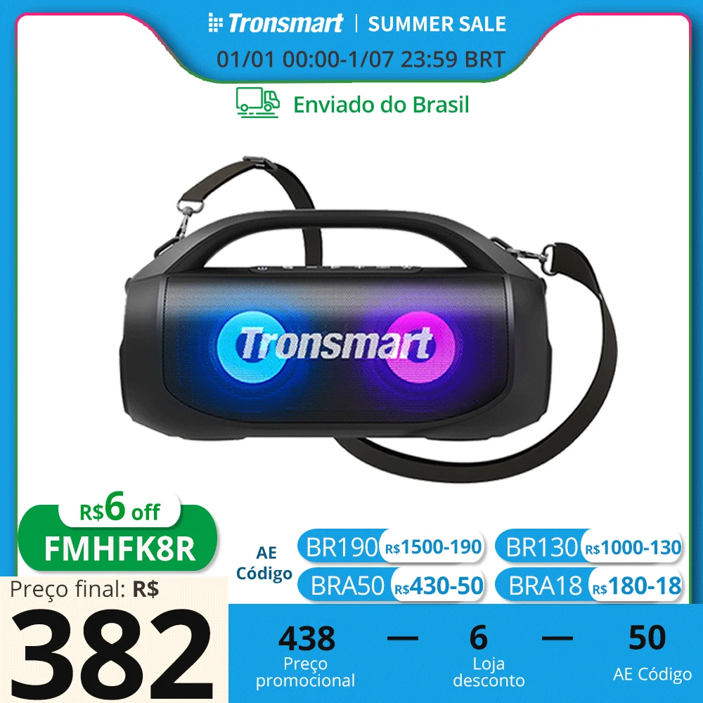 caixa de som bluetooth portátil potente Tronsmart Bang SE com Bluetooth 5.3, alça portátil, 24 horas de reprodução, para festa, camping