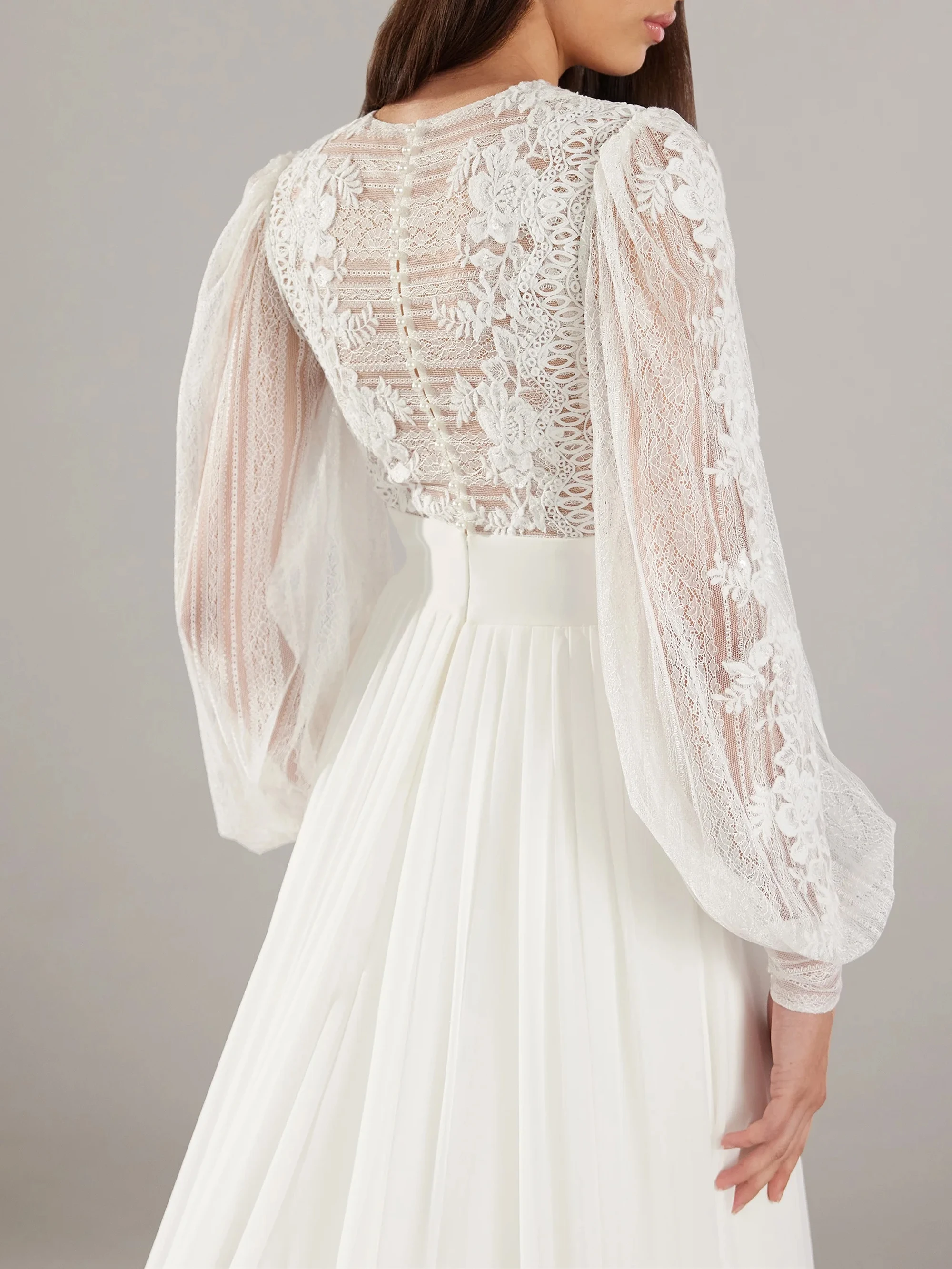 A-lijn O-hals Chiffon Trouwjurken Voor Vrouw Lange Mouwen Knop Sexy Applicaties Bruidsjurk Vestidos De Novia 2025, Aangepast A-lijn O-hals Chiffon trouwjurken voor vrouw lange mouwen knop sexy applicaties bruidsjurk Ve