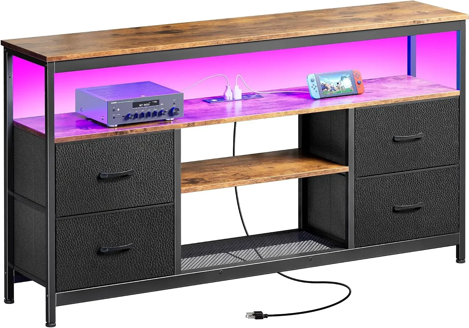 TV Stand Dresser Power Outlets LED Lights 4 Drawers Shelves Entertainment Center 54 Inch Media Console 55 60 Inch TV PU Finish R