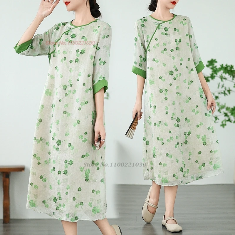 

2024 chinese improved qipao vintage dress cheongsam national flower print o-neck loose qipao oriental traditional a-line dress