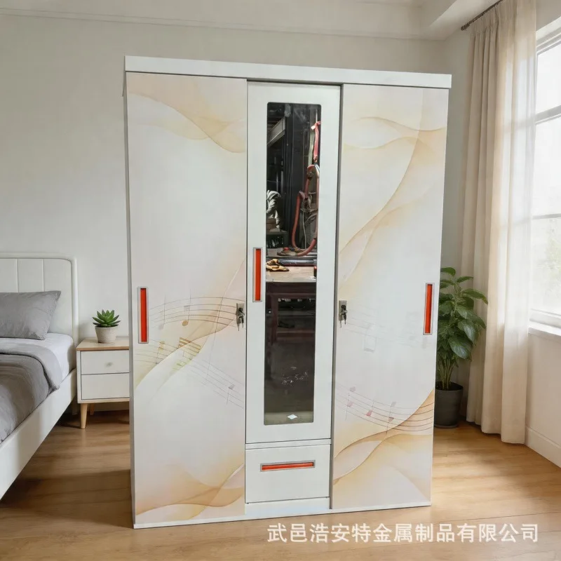 Disassembly and assembly of steel printed wardrobe custom cross-border export bedroom wardrobe with mirror sliding door
