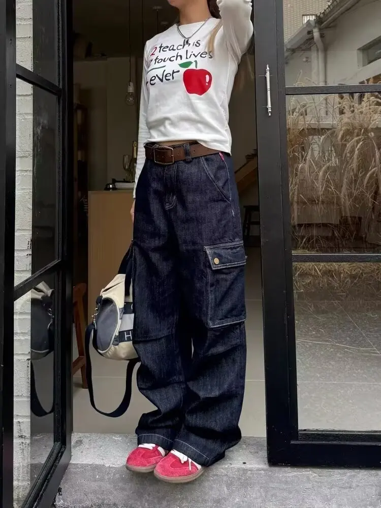 Blaue Schlaghose für Damen, hohe Taille, Knopfhose, 2000er-Jahre, amerikanische Y2k-Waschtasche, lockere Herbstjeans, Büro-Damenhose