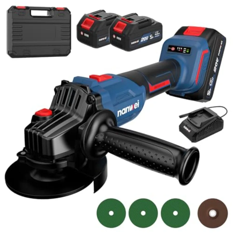 

Cordless Brushless 4-1/2 Angle Grinder Tool with 2Pcs 4.0Ah 20V Batteries 3 Variable Speeds Max 9800rpm 4Pcs Cutting Discs for