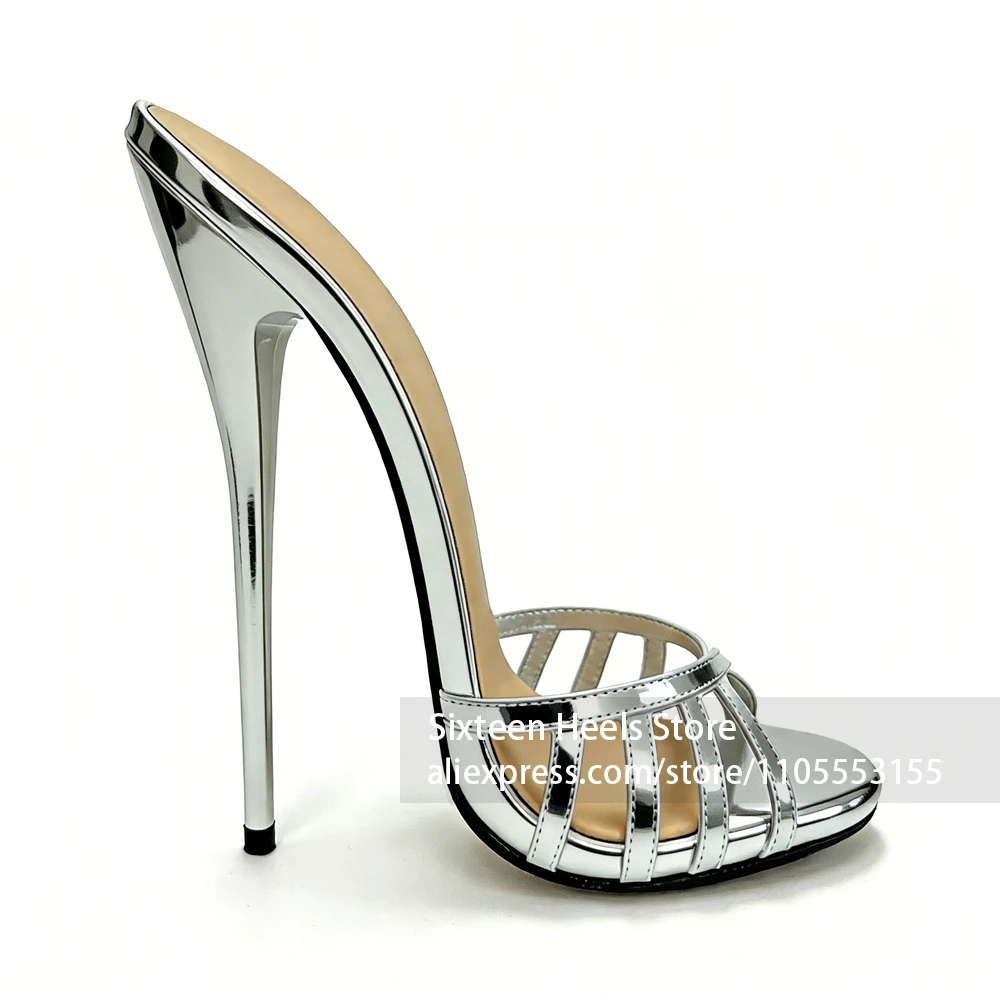 16cm Lacquered Heel Cage Slippers Sexy Style Peep Toe Mules Customizable Multicolor Handmade Footwear for Summer Slip on Heels 4