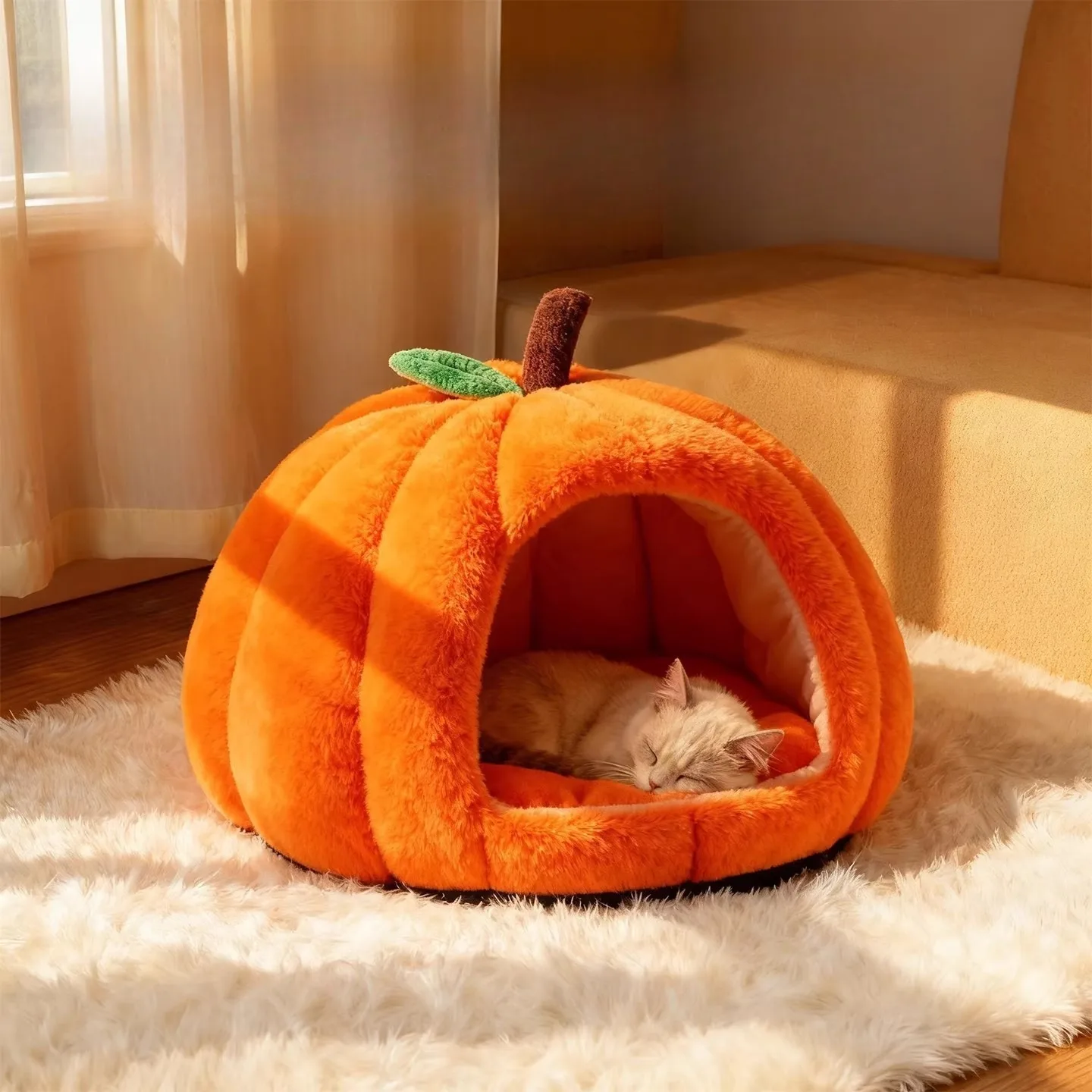 

2026 Pumpkin Shaped Cats Bed Autumn and Winter Cat Accessories Semi Enclosed Thermal Insulation Pet Dog Cat's House Pet Supplies