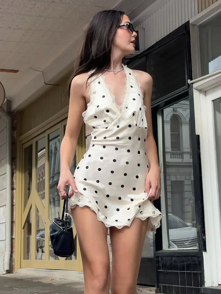 Abito sexy in raso a pois con scollo all'americana Donna Chic Backless con spalle scoperte Scollo a V Patchwork in pizzo Mini abiti slim 2026 Abito da donna Street