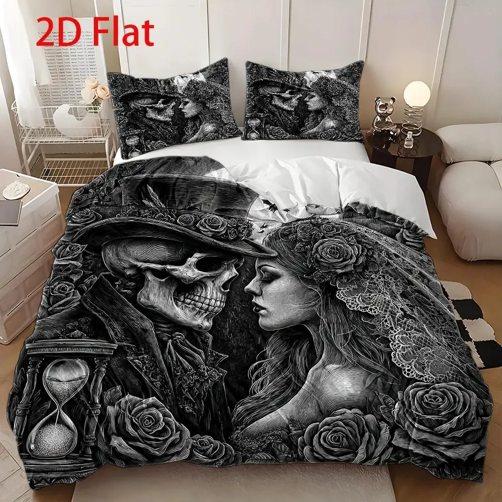 3Pcs Duvet Cover Set, 1 Duvet Cover + 2 Pillowcases, No Filler, 2D Flat Printing, Skeleton Bride Theme, Gothic Romantic Style, H