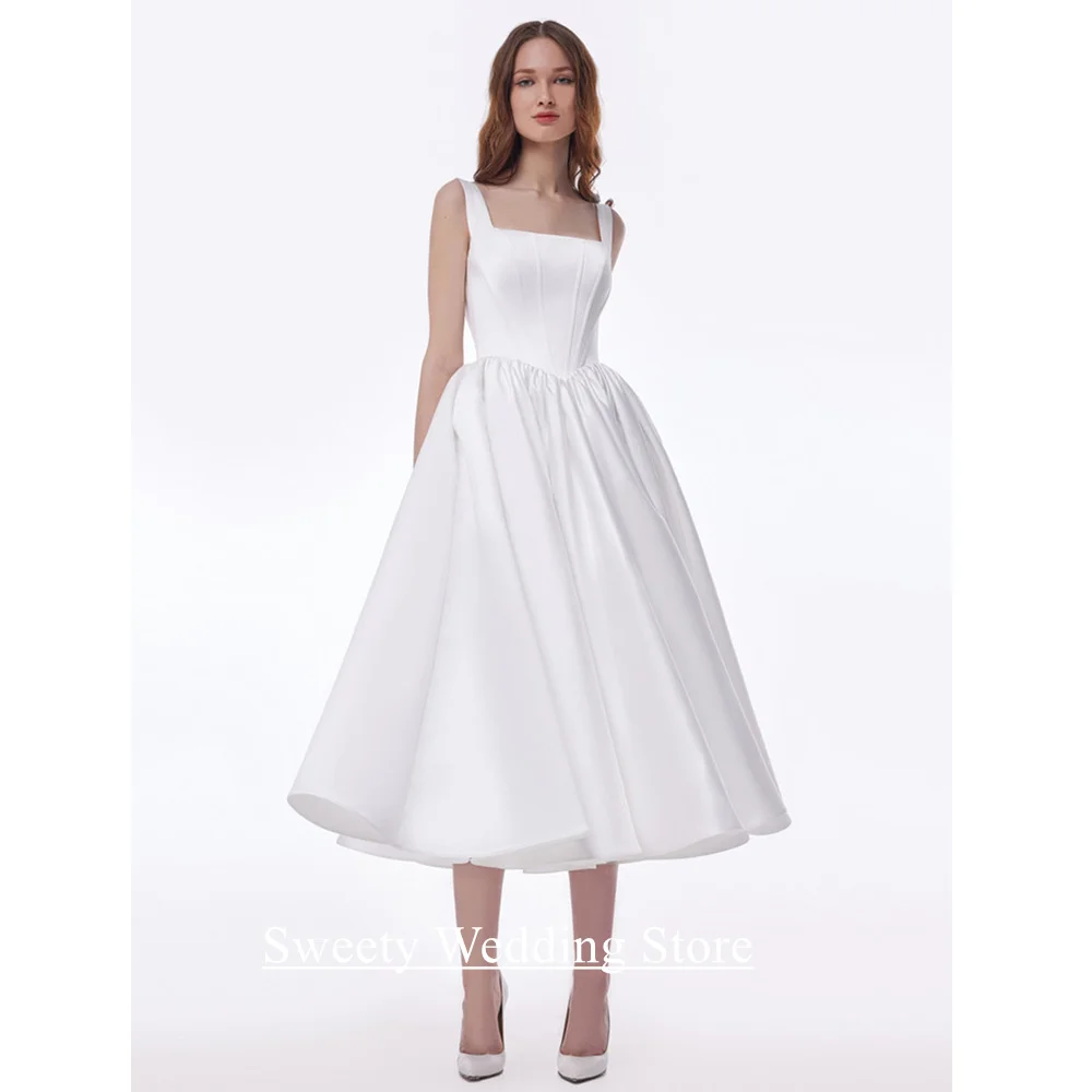 

Короткое свадебное платье с корсетом по индивидуальному заказу с квадратным вырезом без рукавов, чайной длины, современное атласное свадебное платье Vestido De Noiva