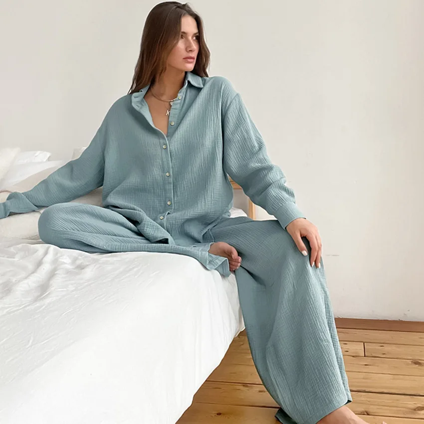 Pure Cotton Sleepwear V Neck Single Breasted Wide Leg Pants Trouser Suits Set Woman 2 Pieces Loungewear Pijamas Women