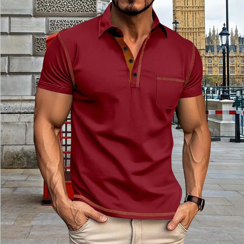 GZMS-2024Summer Men's Short Sleeve Polo Shirt, Lapel Top, Color Matching, Male Clothing