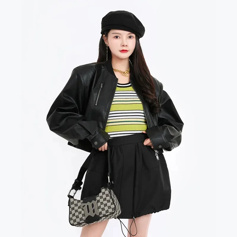 Femmes coréennes mode Faux cuir haut 2025 dames manches longues veste en cuir PU printemps automne femme décontracté court manteau en cuir