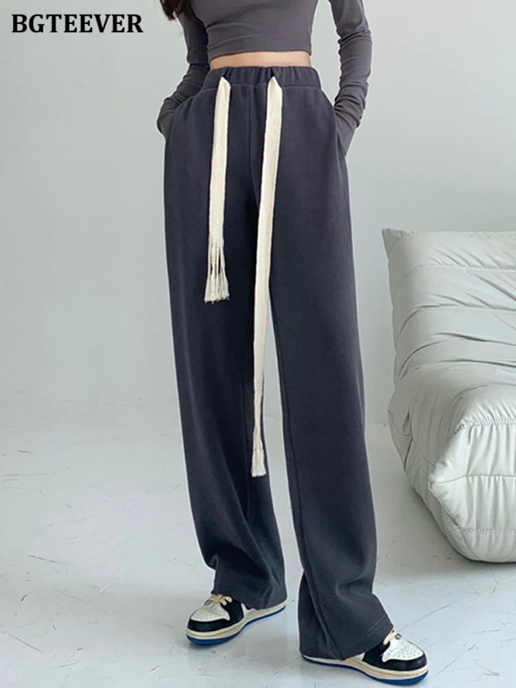 BGTEEVER Spring Drawstring Trousers for Women Casual Elastic Waist Loose Pockets Solid Wide Leg Long Pants Female