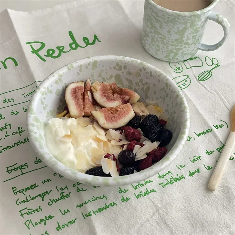 Mint Green Enamel Breakfast Plate Coffee Cup Bowl Korean Style Splashed Ink Design Oats Yogurt Bowl  Style Dining Utensils