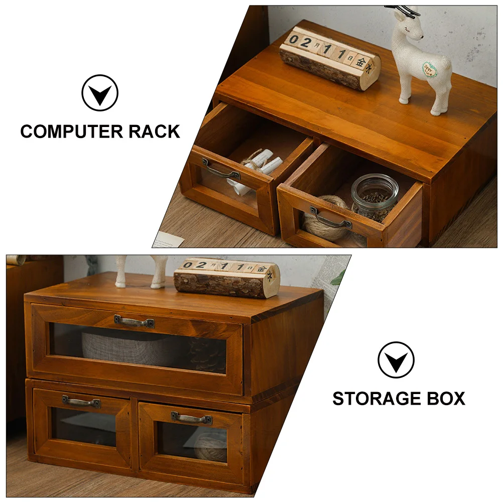 

1pc Retro Computer Monitor Risers Storage Boxes Wood Organizer Stationery Cosmetics Vintage Style Display Case