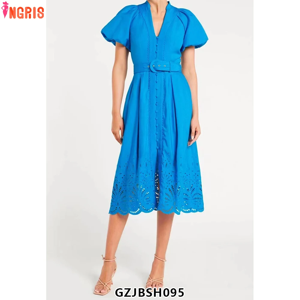 

2025 Spring New French Women's V-Neck Puff Sleeve Hollow Long Dress-GZJBSH095
