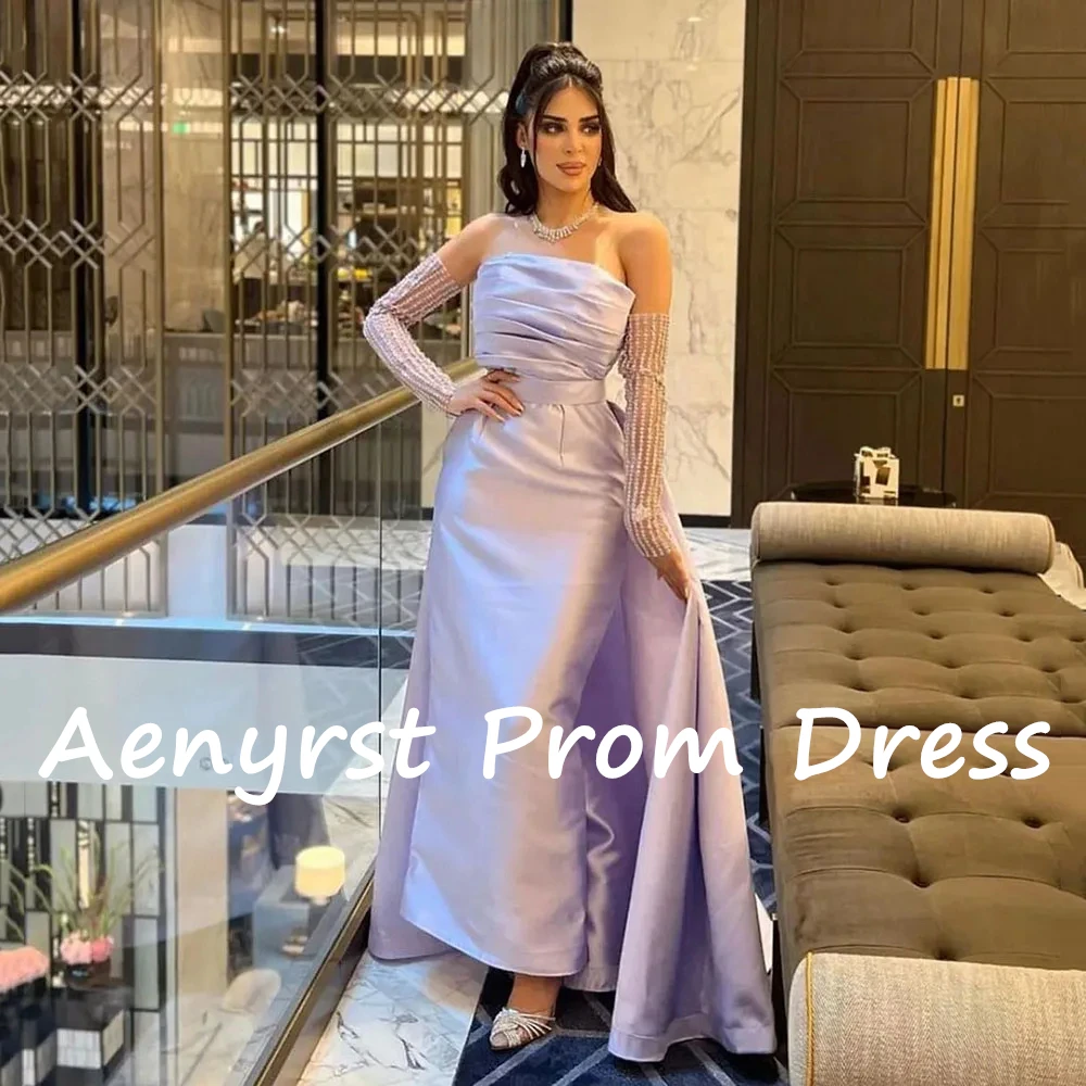 Aenyrst Purple Strapless Pleated customized Prom Dresses Satin Detachable Train Evening Gowns Ankle Length Formal Occasion Dress