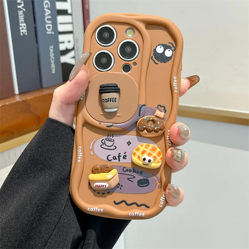 3D Cartoon Bread With Wrist Strap Wavy Phone Case For iPhone 17 16 15 14 13 12 Pro Max Push-Pull Sliding Camera Shockproof Cover view 3