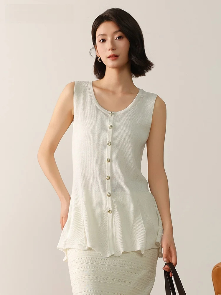 

Ele Linen Metal Bule Open Front Vest SY Xiujia Wild Weave between Initial Summer Travel Outfit Women's Straight Cut Vest