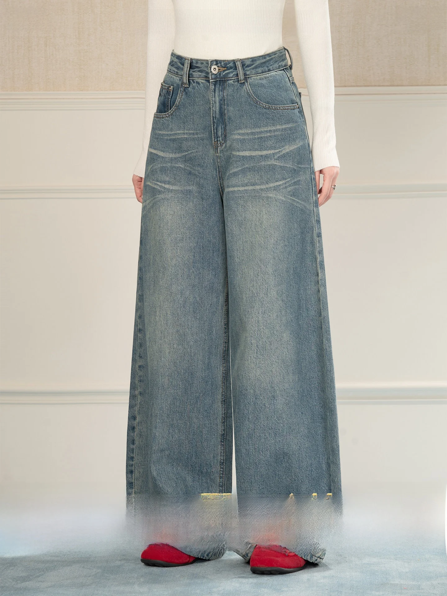 

Новые винтажные женские джинсы Heynew с высокой талией и широкими штанинами, весенние, новые, стройнящие, скрывающие бедра, в пол, повседневные, прямого кроя