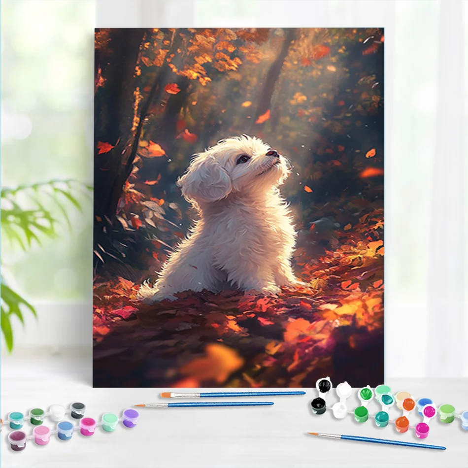 

RUOPOTY Painting on Numbers Maple Leaf White Dog HandPainted On Canvas Handmade Gift Painting House Wall Decoration Painting