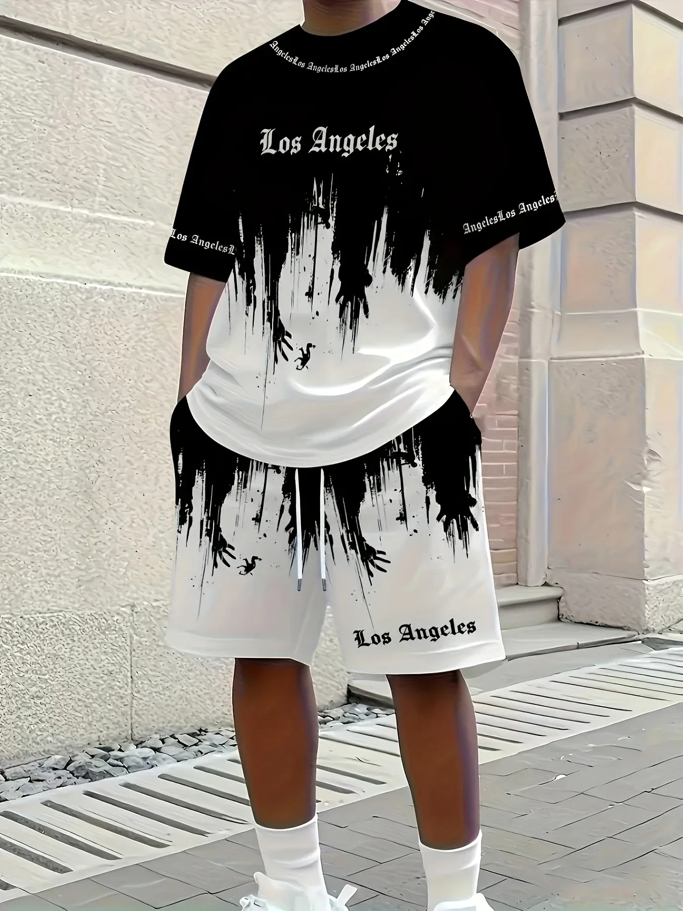 

Summer Hot Selling Men's Los Angeles Printed Short Sleeved Shorts Set, Daily Outdoor Casual Quick Drying Breathable Thin Set