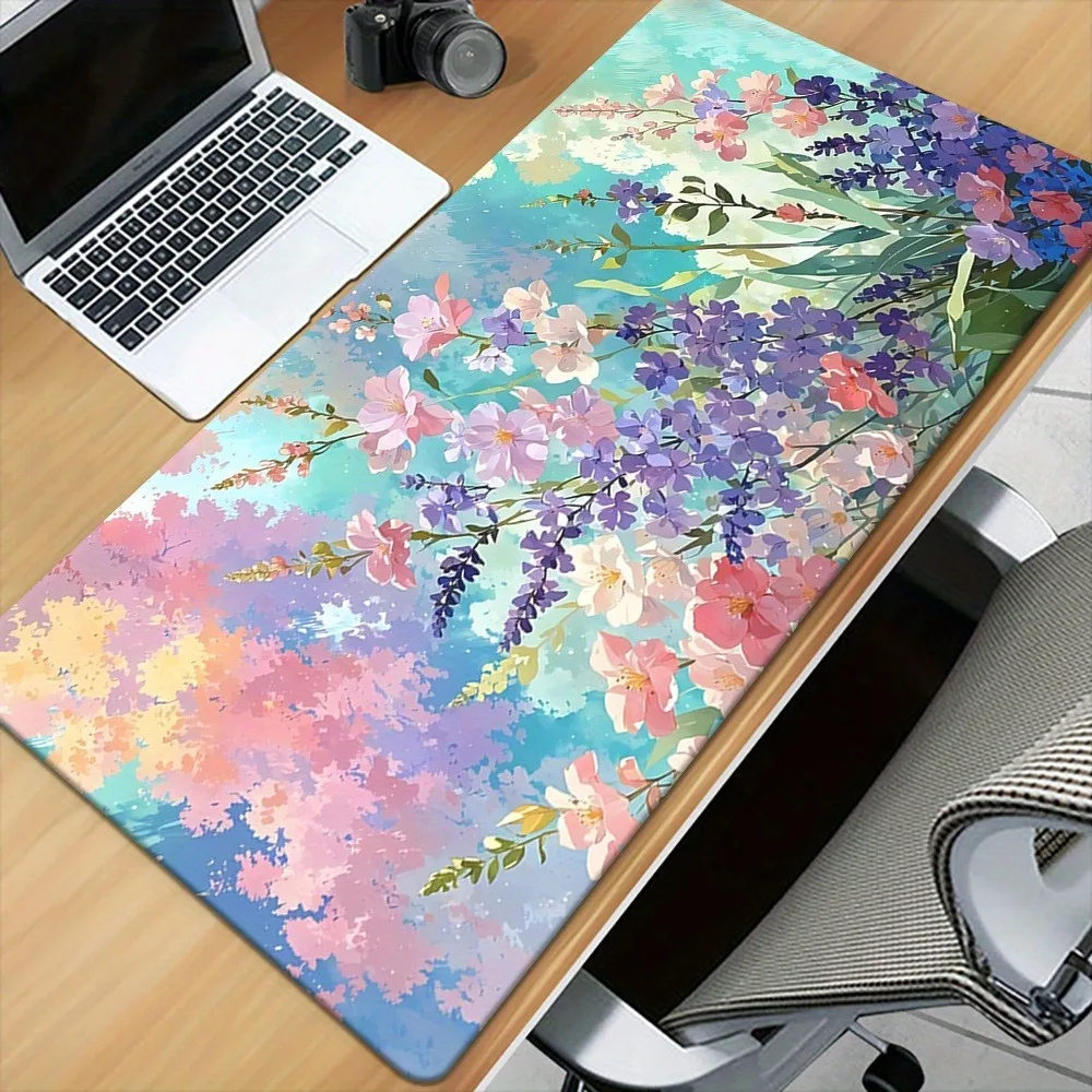 High-definition printed table mat bright pink,purple and green floral pattern, anti-slip rubber bottom,washable gaming mouse pad