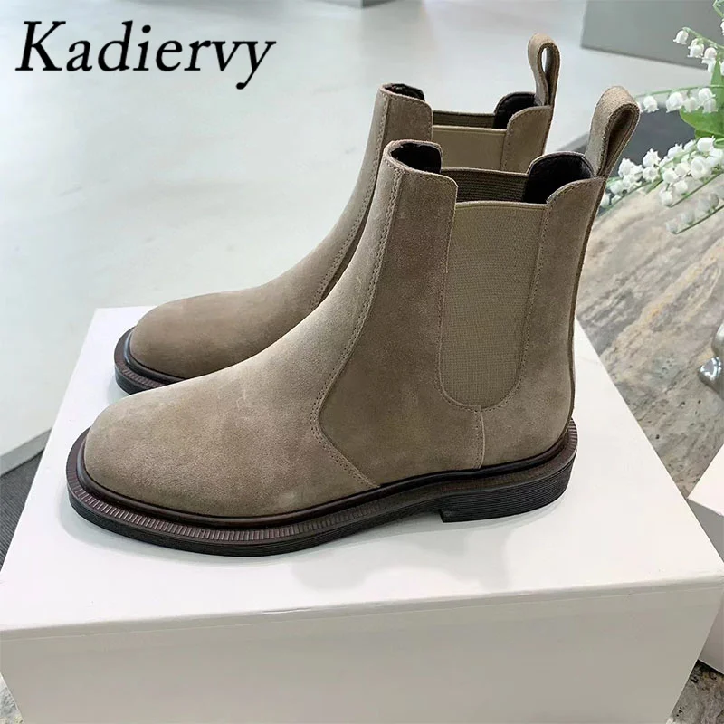 Classics Suede Leather Short Motorcycle Boots Women Round Toe Slip-on Ankle Boots Flat Shoes For Women Casual Knight Boots Woman