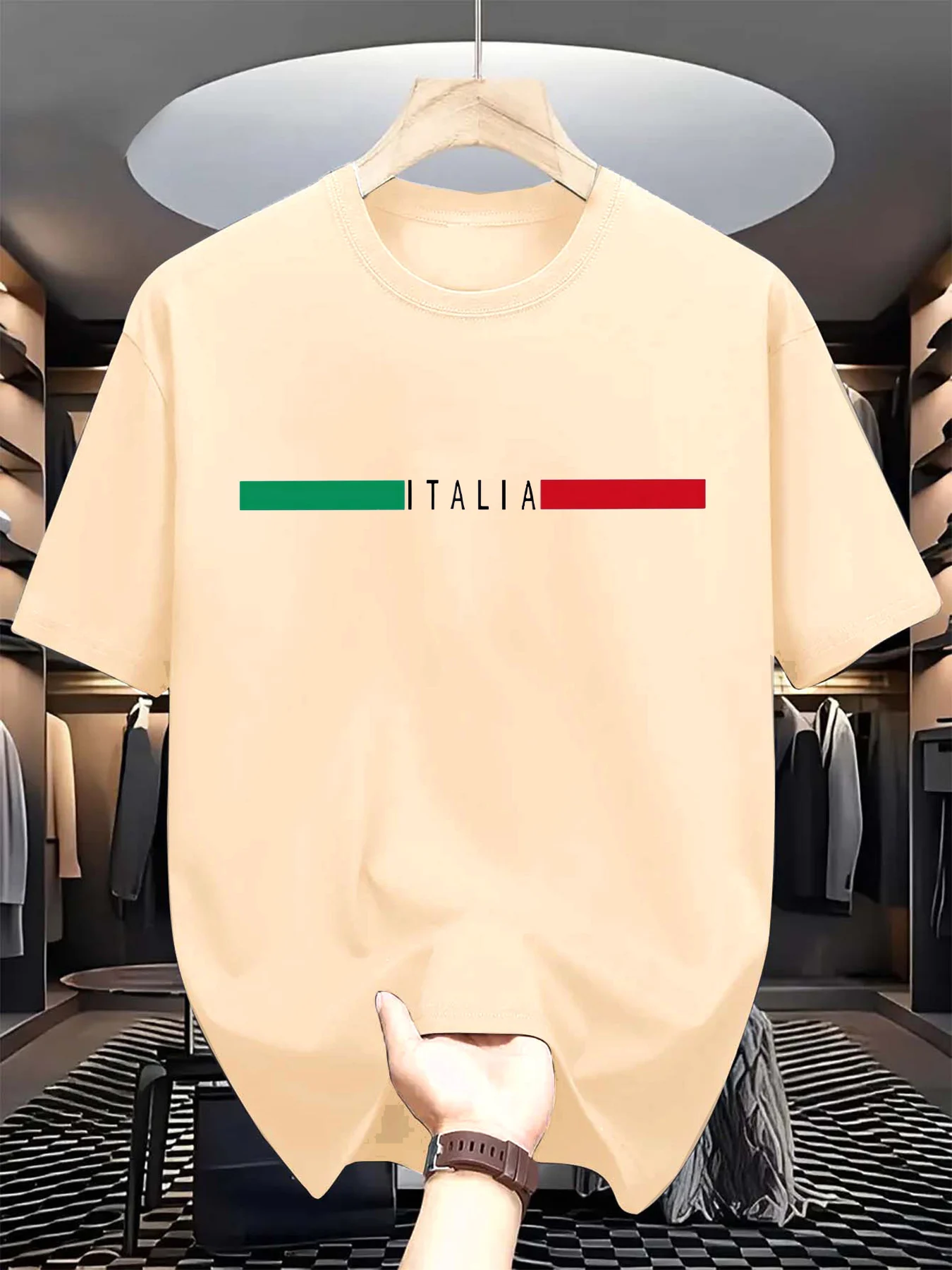 Men's summer 100% pure cotton fashionable casual sports loose ITALIA letter pattern printed round neck short sleeved T-shirt top