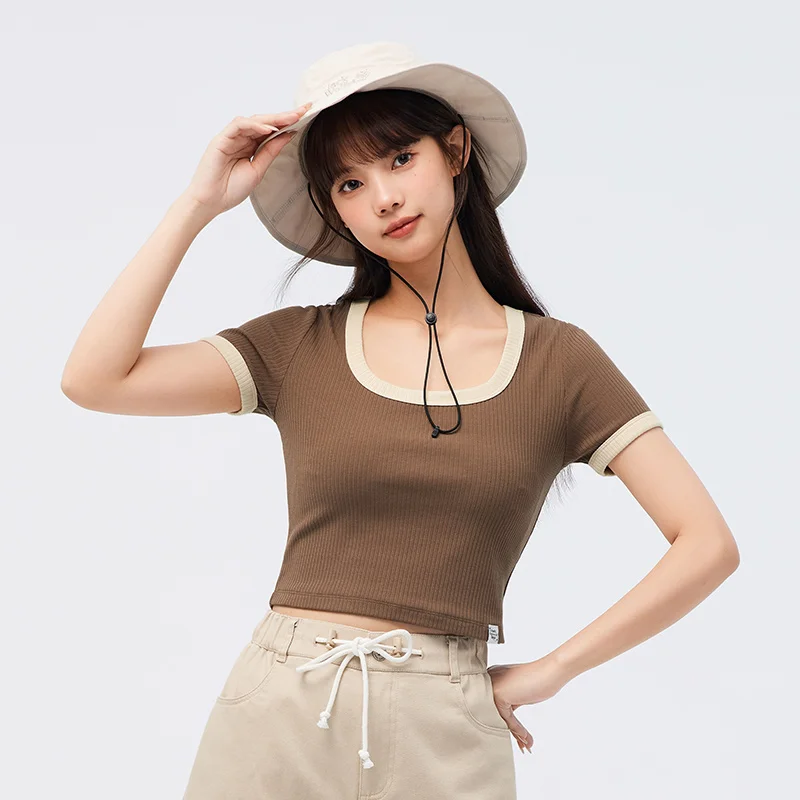 Semir Short Sleeve T Shirt Women Short Front Shoulder Sexy Overlay 2023 Summer New Contrast Tight Tshirt Versatile