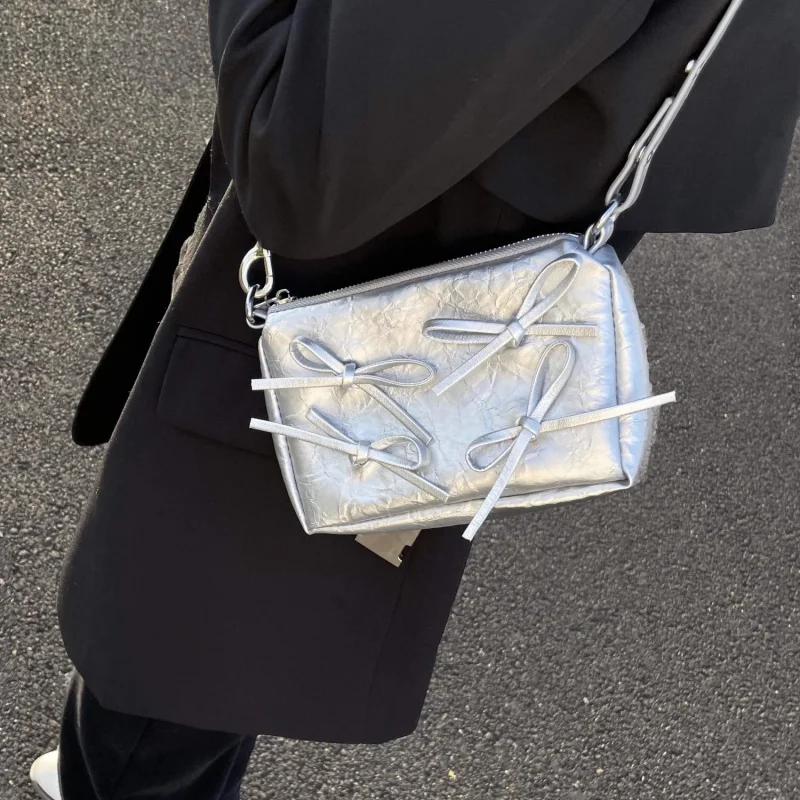 Sweet Female Silver Bow Chain Shoulder Bag Small Square Bag Strap Underarm Bag Women Designer Bags