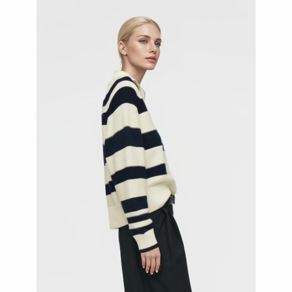 Cos Lris loose casual sports style lapel striped knitted long sleeved sweatshirt autumn new item women\'s clothing 1248302001