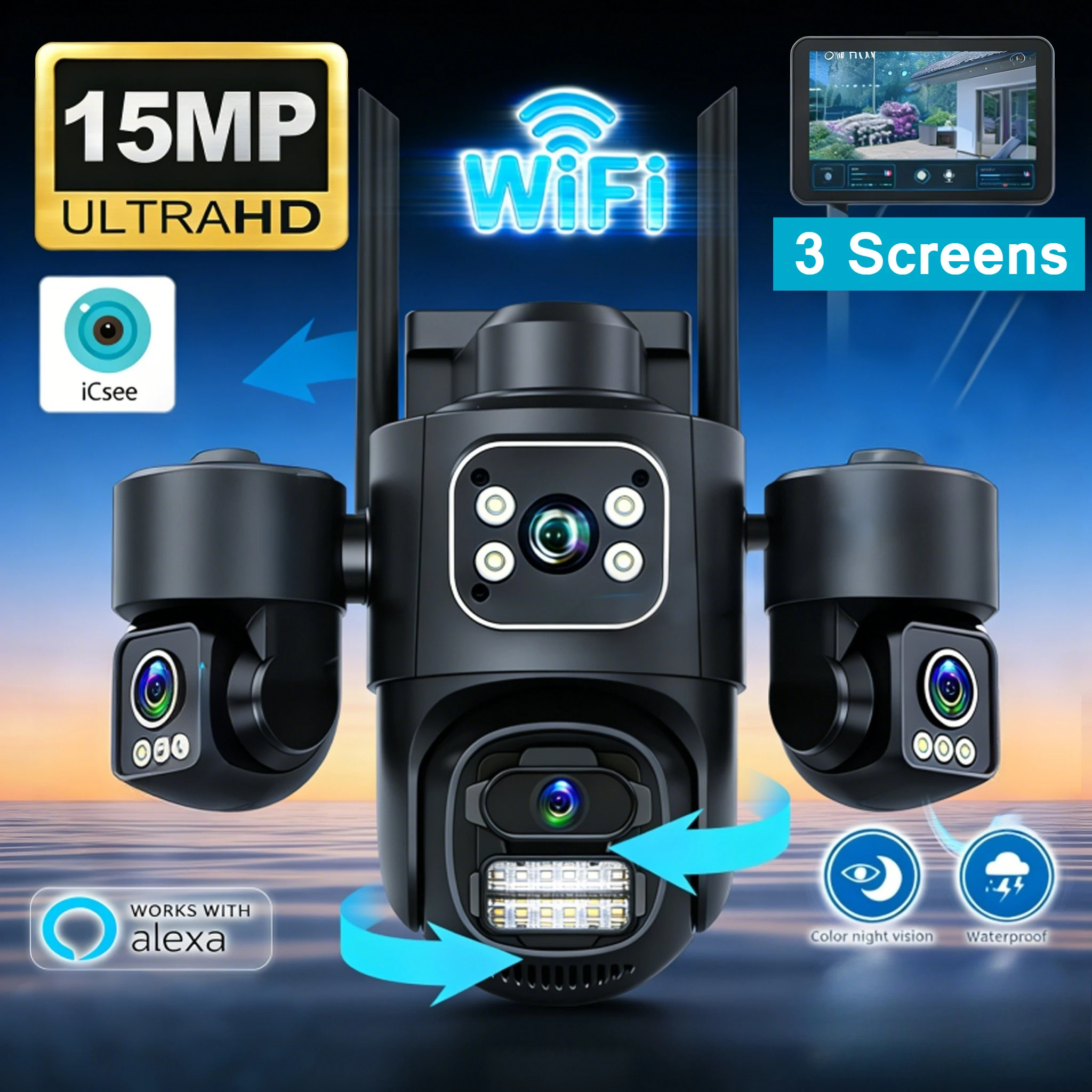 Three Screen Three Lens 15MP HD WIFI IP Camera 8MP Dual Lens Camera Auto Tracking IP66 Waterproof CCTV Video Security Cam iCsee